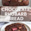 Chocolate rhubarb bread sits on a cooling rack with pink rhubarb pieces baked into the glossy chocolate loaf.