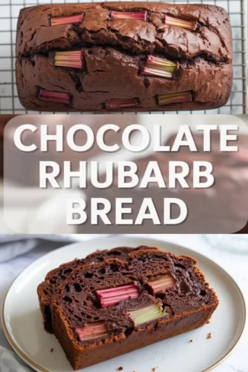 Chocolate rhubarb bread sits on a cooling rack with pink rhubarb pieces baked into the glossy chocolate loaf.
