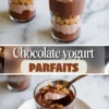 Chocolate yogurt parfaits layered in clear glasses with chocolate yogurt, vanilla yogurt, granola, and cacao nib topping.