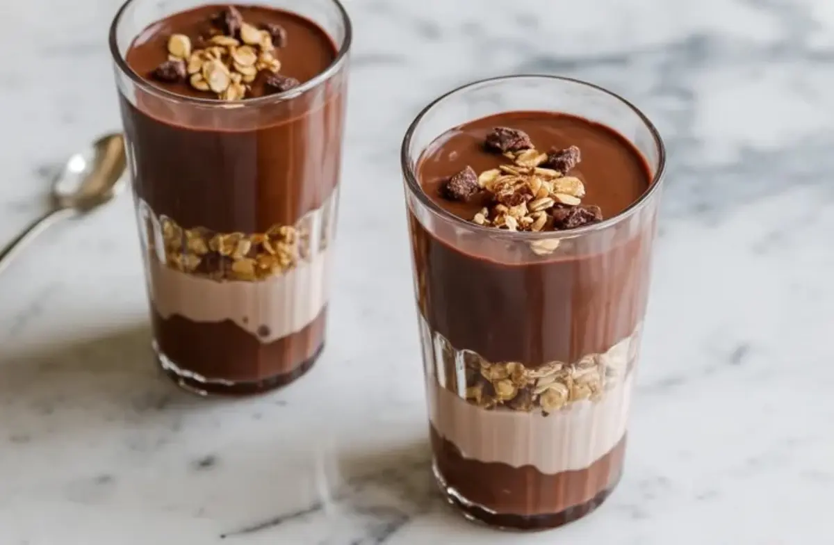 Two chocolate yogurt parfait glasses with layered chocolate yogurt, yogurt filling, and granola on a marble surface.