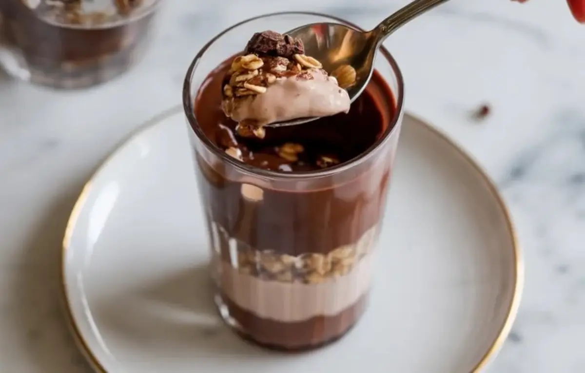 Spoon lifting a bite from chocolate yogurt parfait with creamy yogurt, granola, and chocolate topping in a glass.