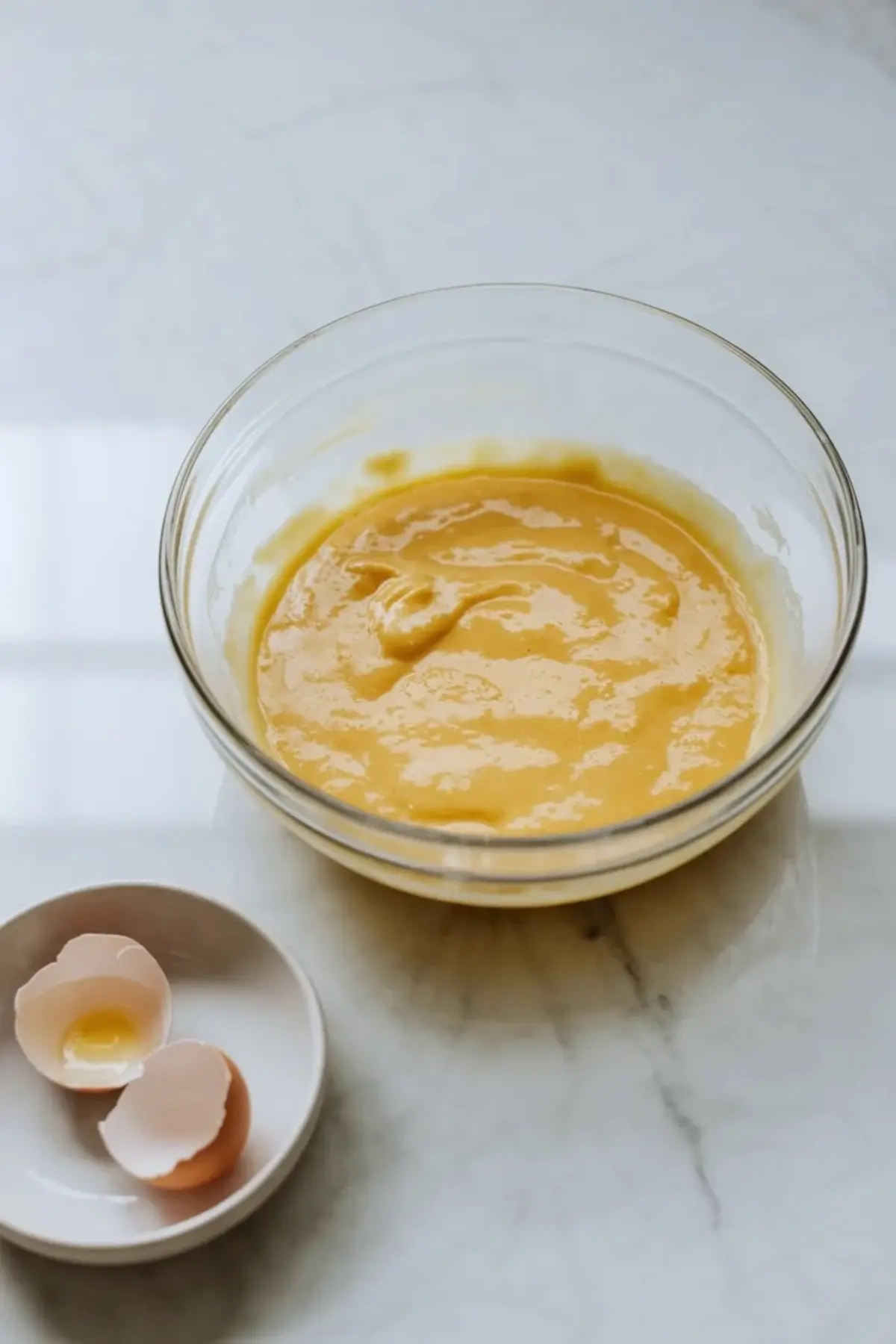 Citrus cake batter mixed in a glass bowl with egg shells nearby before it is poured into the pans for baking.