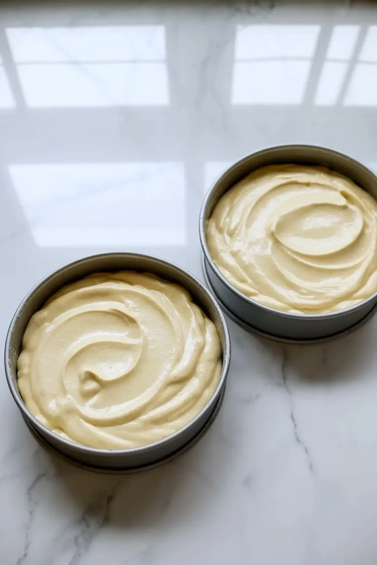 Two round cake pans filled with citrus sour cream cake batter before baking on a white marble surface.