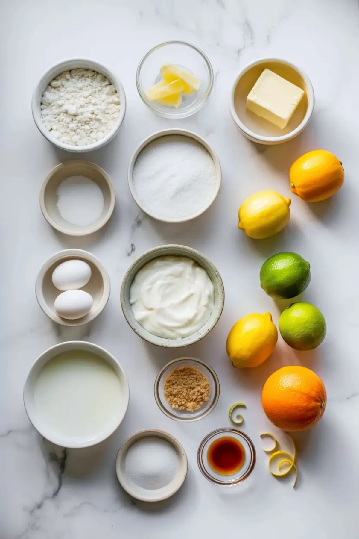 Ingredients for citrus sour cream cake arranged on a white marble surface with lemons, limes, orange, sour cream, butter, eggs, sugar, flour, and vanilla.