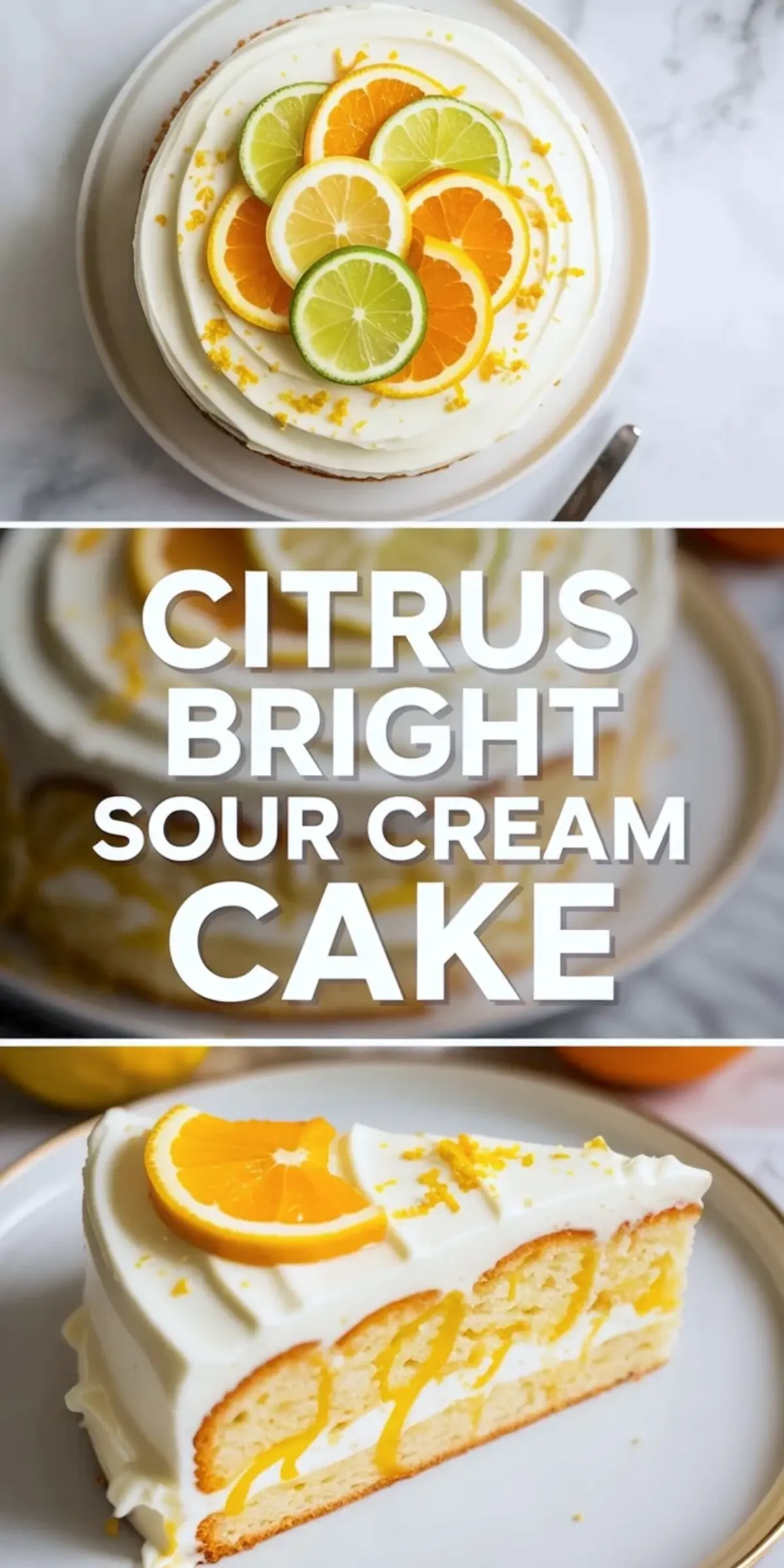 Citrus sour cream cake shown in a vertical collage with the whole frosted cake above and a close cake slice below.