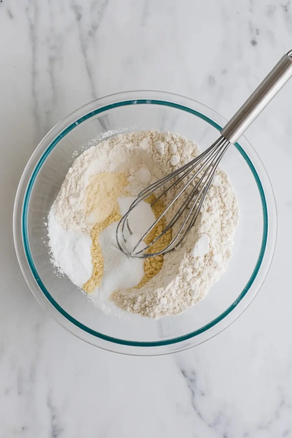 Dry ingredients sit in a bowl with a whisk for coconut cream pancakes, showing the flour mixture used for a fluffy homemade pancake recipe.