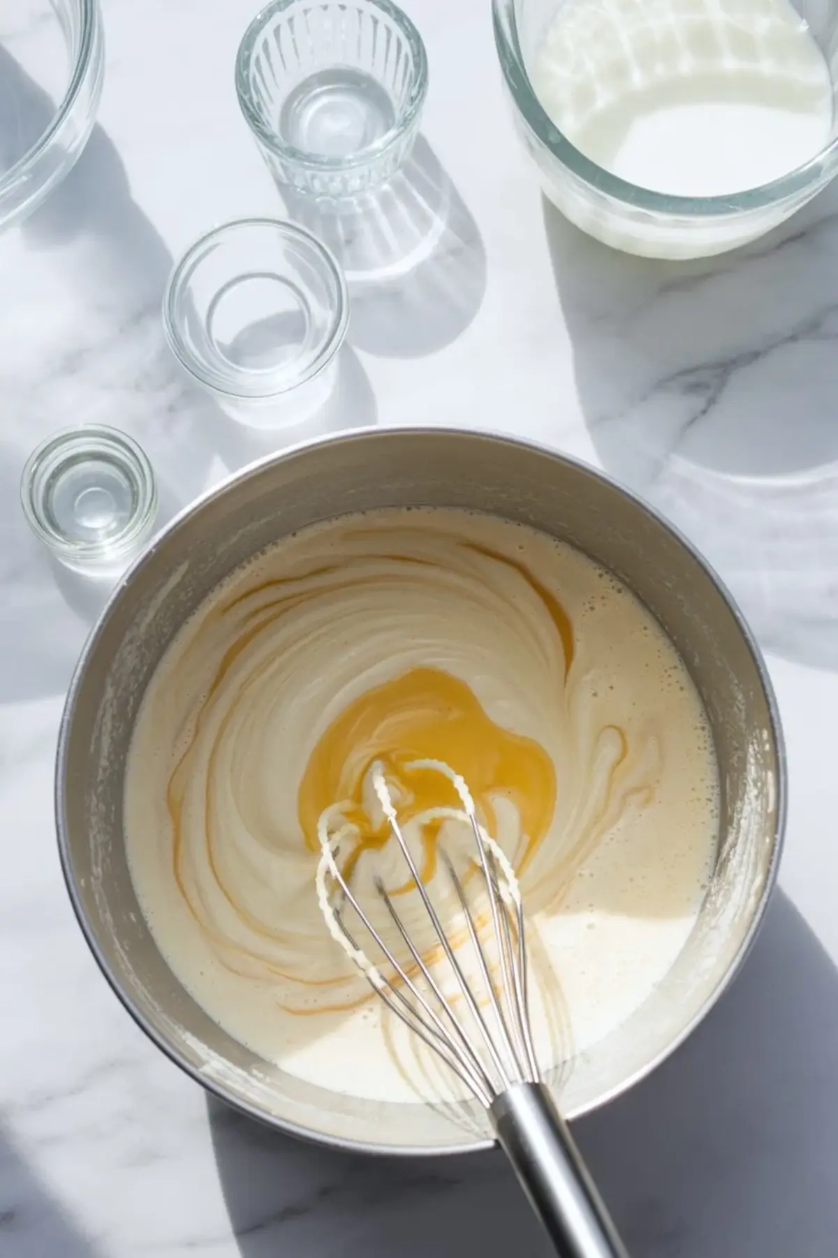 Wet ingredients are whisked together in a bowl for coconut cream pancakes, creating the creamy batter base for a soft tropical breakfast.