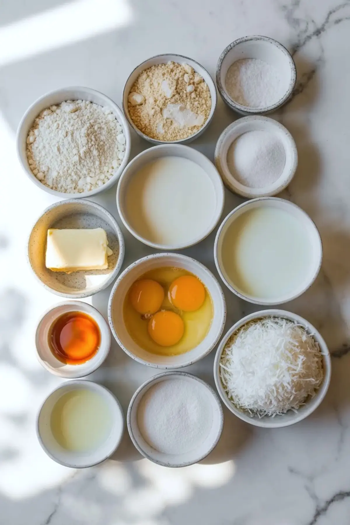 Coconut cream pancake ingredients sit on a marble surface with eggs, milk, shredded coconut, vanilla, butter, and dry ingredients for a fluffy pancake recipe.