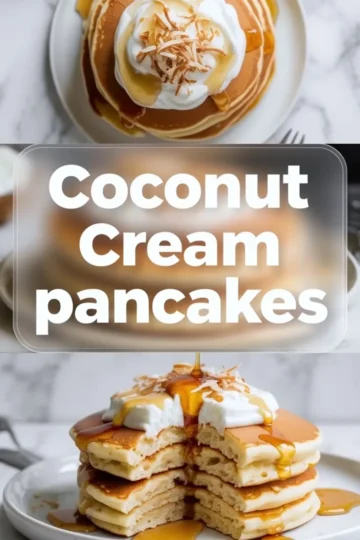 Coconut cream pancakes collage shows a plated pancake stack with syrup and cream, plus a close cut stack that shows the fluffy coconut pancake texture.