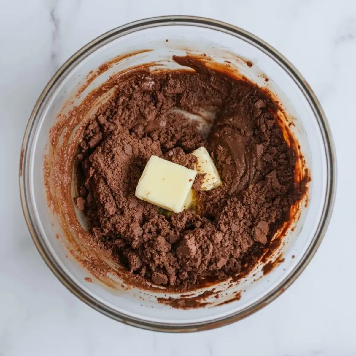 Mixing bowl holds cocoa powder and butter while forming a chocolate cookie crust mixture for cappuccino coffee cheesecake.
