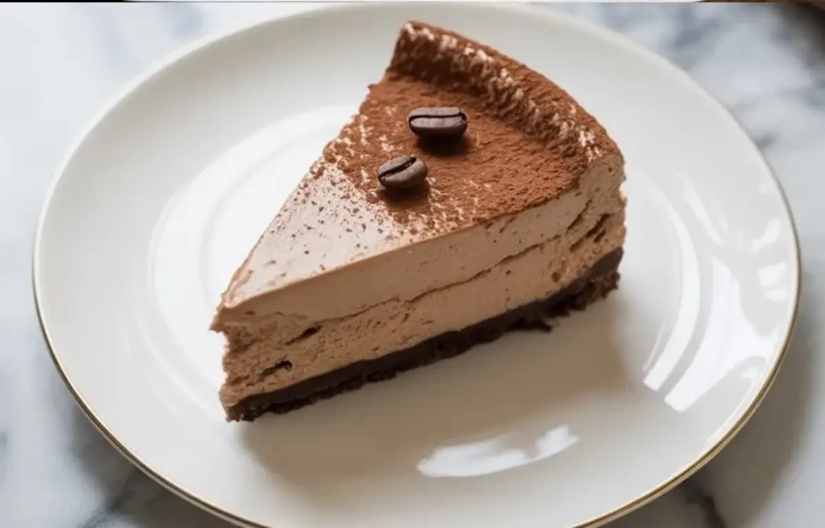 Glass bowl holds whipped cream added to light brown coffee mousse mixture for cappuccino cheesecake filling during a no bake coffee cheesecake recipe step.
