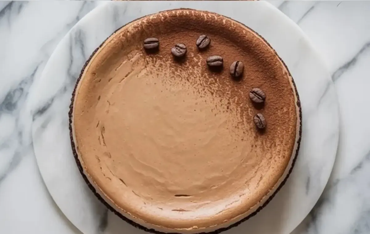 Whole cappuccino coffee cheesecake sits on a white plate with cocoa powder dust and coffee beans arranged on top, showing a smooth coffee mousse cheesecake with a dark chocolate cookie crust on a marble background.
