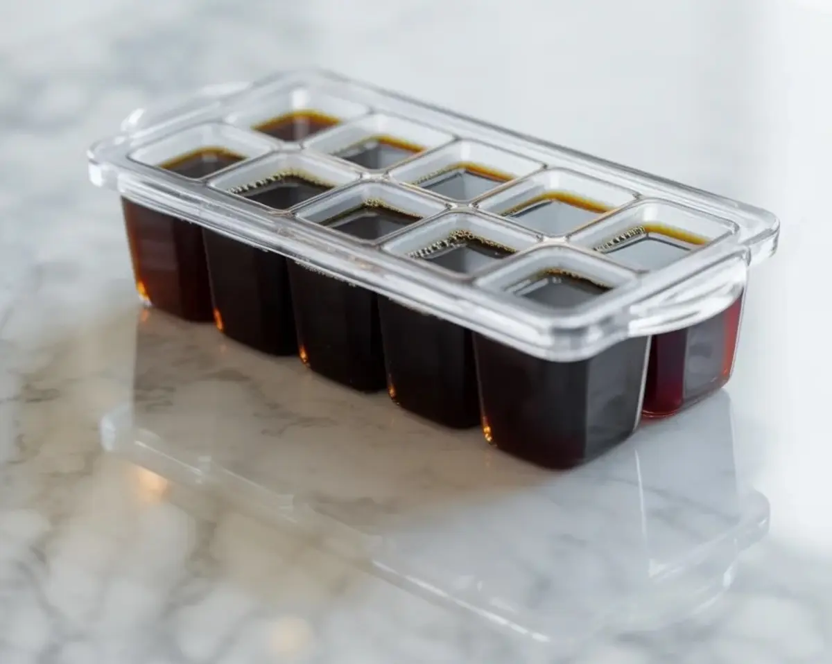 Clear plastic ice cube tray holds brewed coffee in square compartments on a white marble countertop, showing a simple method for making homemade coffee ice cubes for iced coffee drinks.