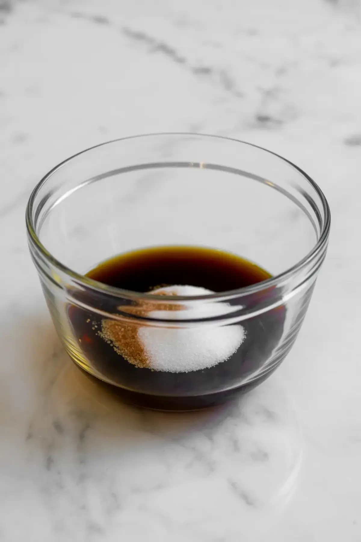 Small glass bowl holds brewed coffee with white granulated sugar partially dissolved inside, placed on a white marble surface to show sweetened coffee mixture for iced coffee recipes.