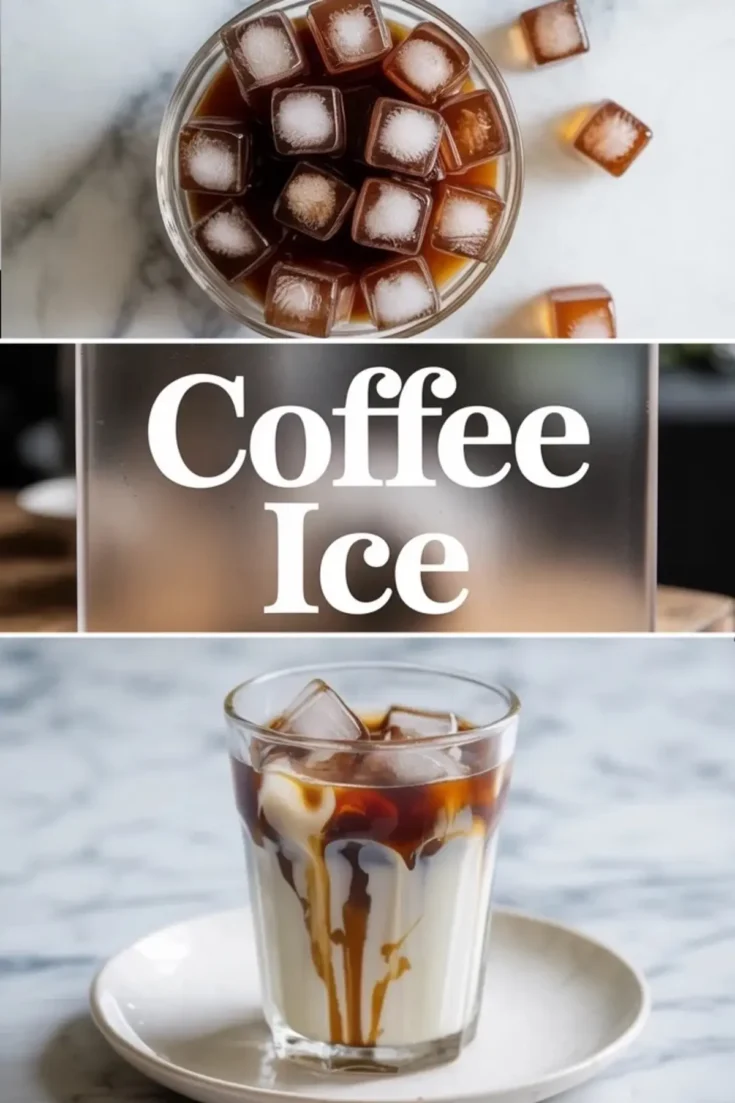 Vertical collage shows coffee ice cubes in a glass from a top view, bold text that reads “Coffee Ice,” and a clear glass of iced latte with milk and dark coffee creating layered swirl patterns on a white marble background.