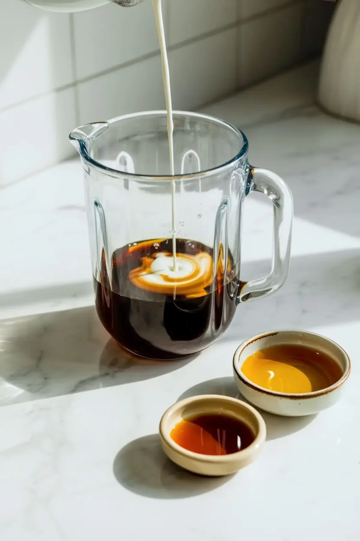 Milk pours into a glass pitcher with dark brewed coffee on a marble countertop while small bowls of vanilla extract and maple syrup sit nearby in soft natural light.
