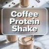 Vertical collage shows creamy coffee protein shake in tall ribbed glass with spoon, coffee beans on marble surface, and bold title text “Coffee Protein Shake” over the drink.