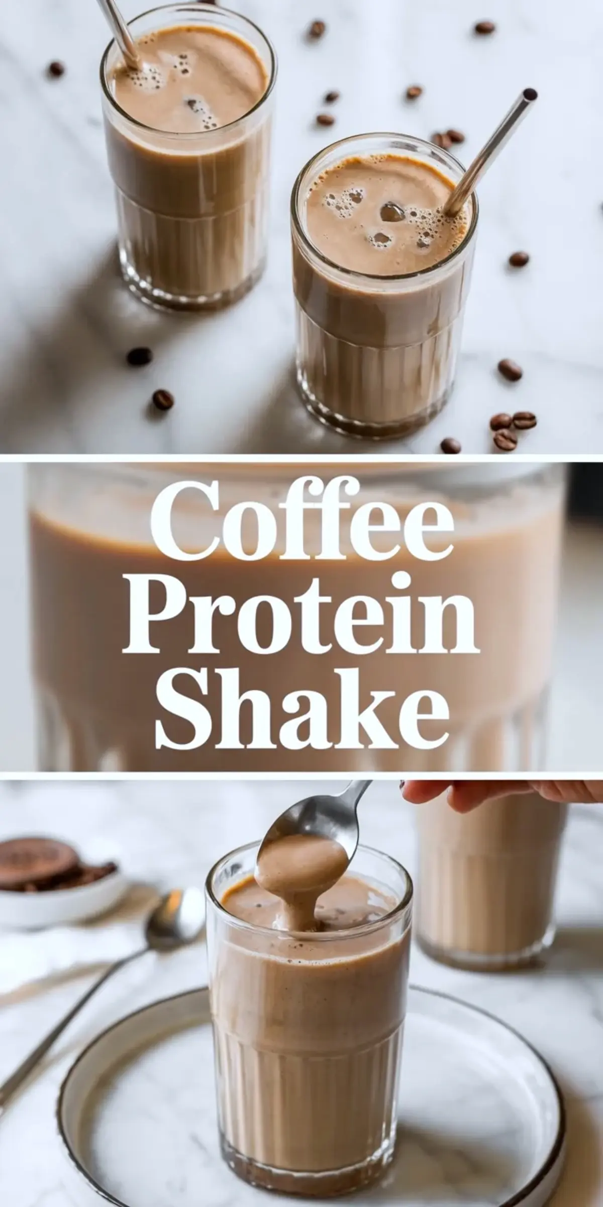 Vertical collage shows two iced coffee protein shakes with metal straws and scattered coffee beans, title text “Coffee Protein Shake,” and a spoon lifting thick creamy coffee shake from a tall glass.

