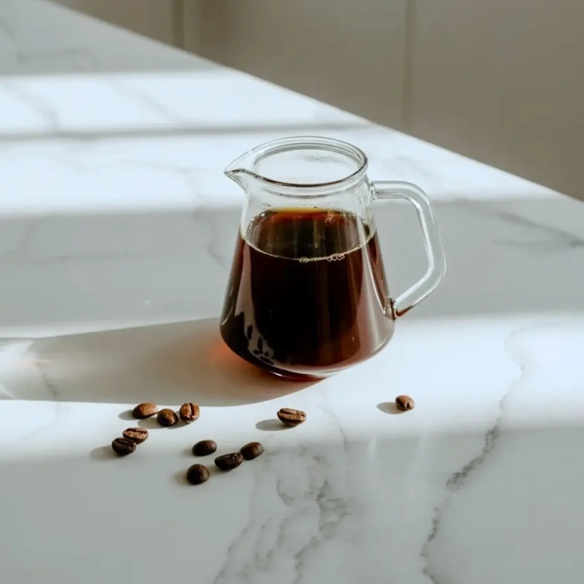 Glass carafe holds dark brewed coffee on white marble surface with scattered roasted coffee beans in soft morning light.

