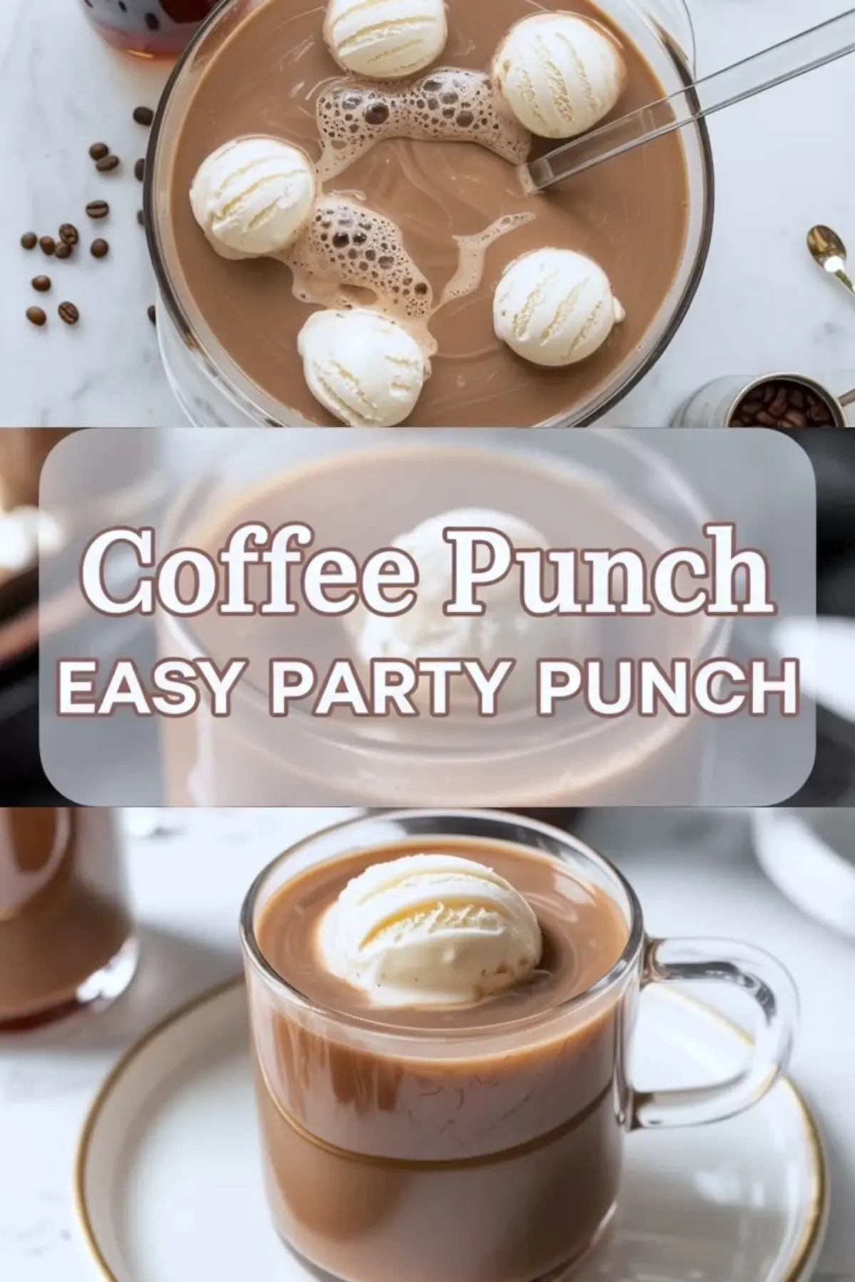 Overhead view of coffee punch in a glass bowl with vanilla ice cream scoops and a clear serving spoon.