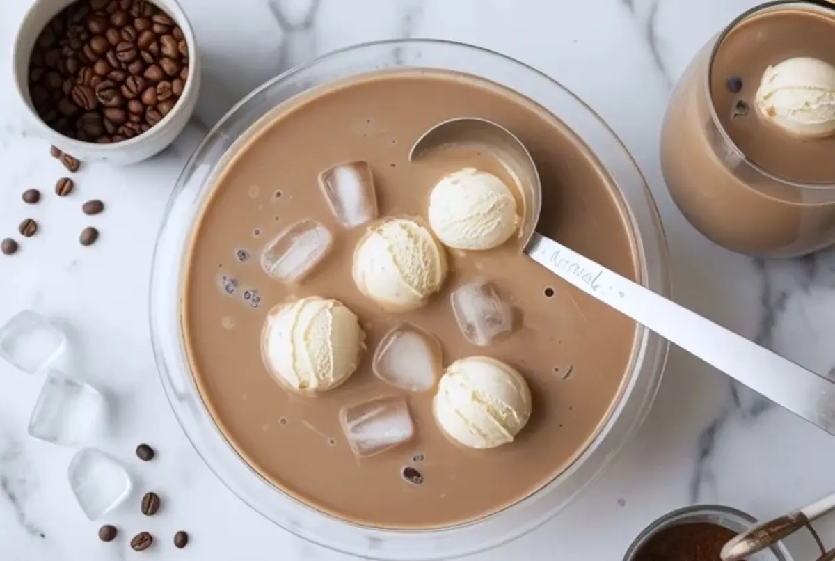 Coffee punch fills a large glass bowl with ice cream scoops, ice cubes, and a metal ladle beside a matching serving glass.