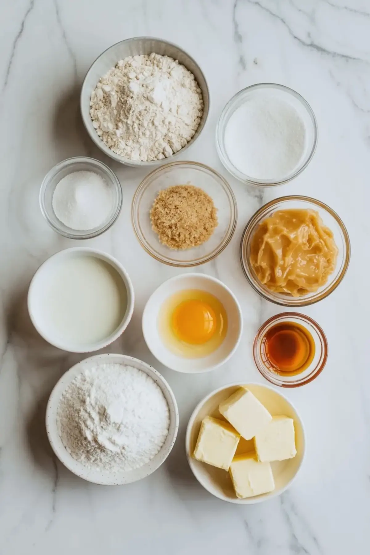 Ingredients for sweet condensed milk bread recipe arranged in bowls on a marble surface.
