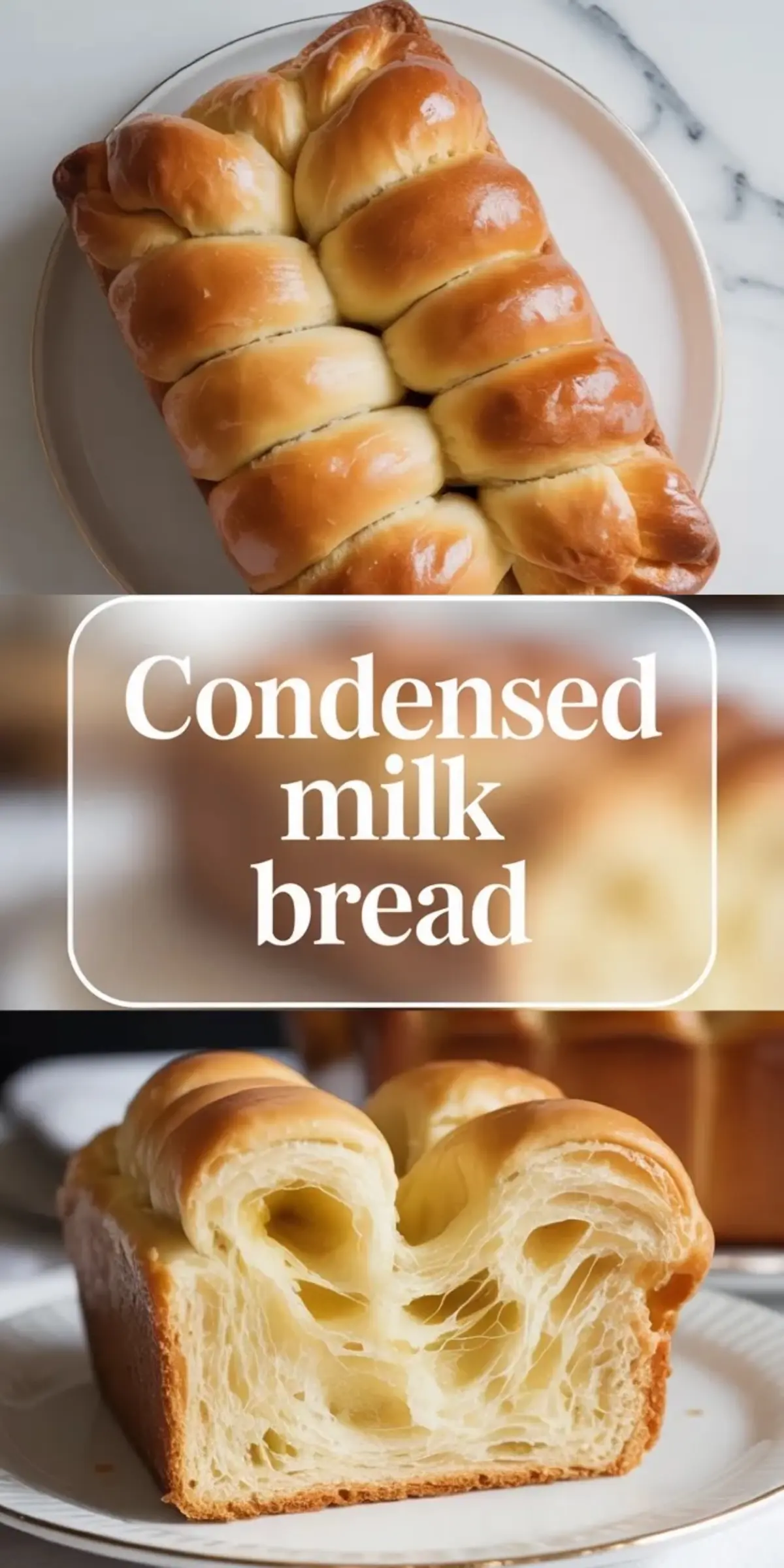 Collage of sweet condensed milk bread with the golden loaf and sliced bread showing the tender interior.