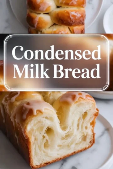 Collage of sweet condensed milk bread showing the baked loaf and the soft fluffy crumb.