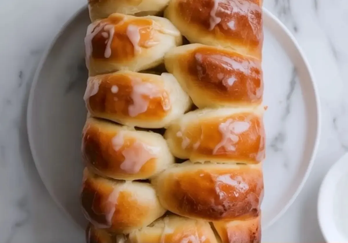 Close view of sweet condensed milk bread loaf with a shiny top on a plate.