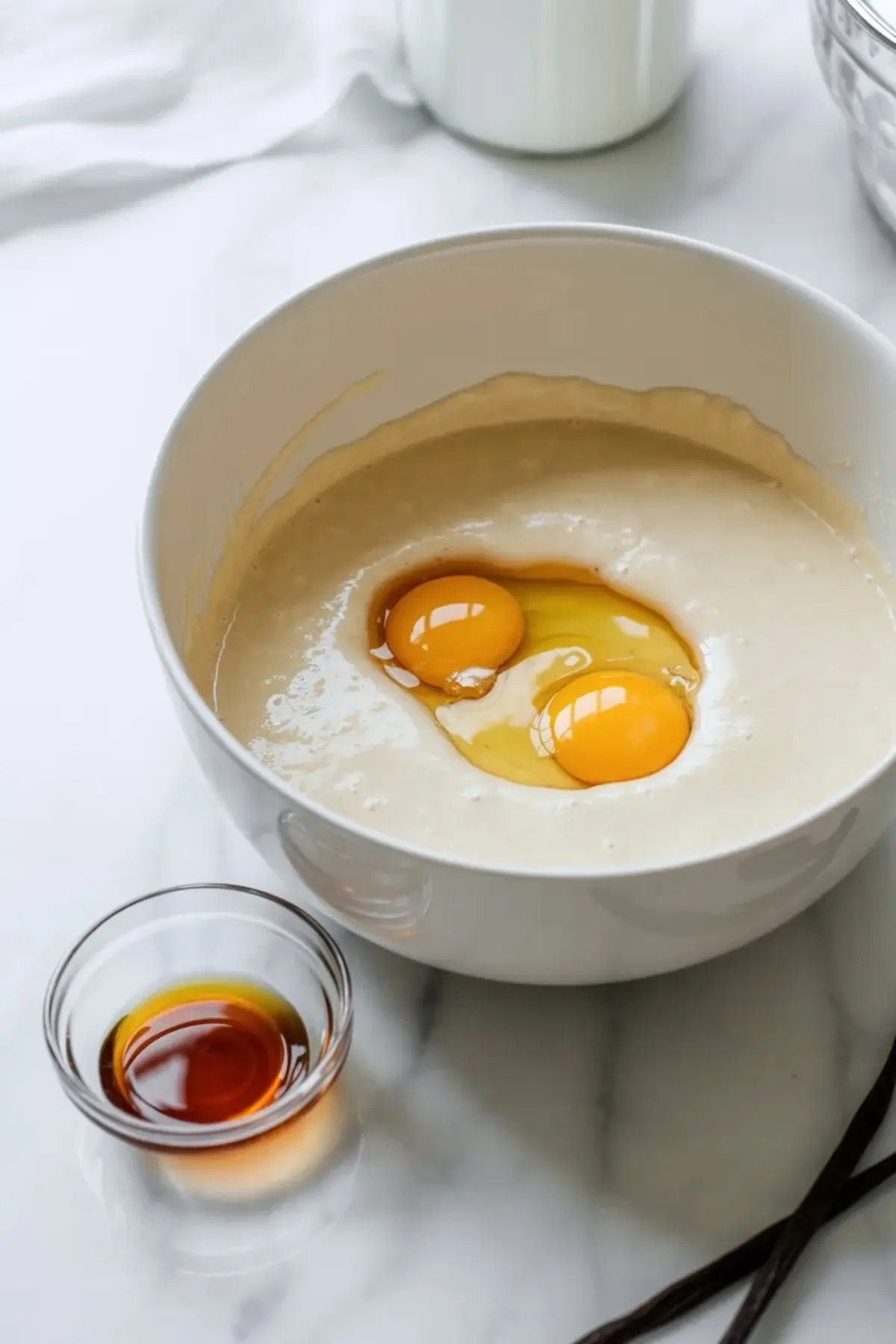 Mixing bowl holds thick cake batter with two raw eggs and vanilla extract on a marble surface during condensed milk cake batter preparation.