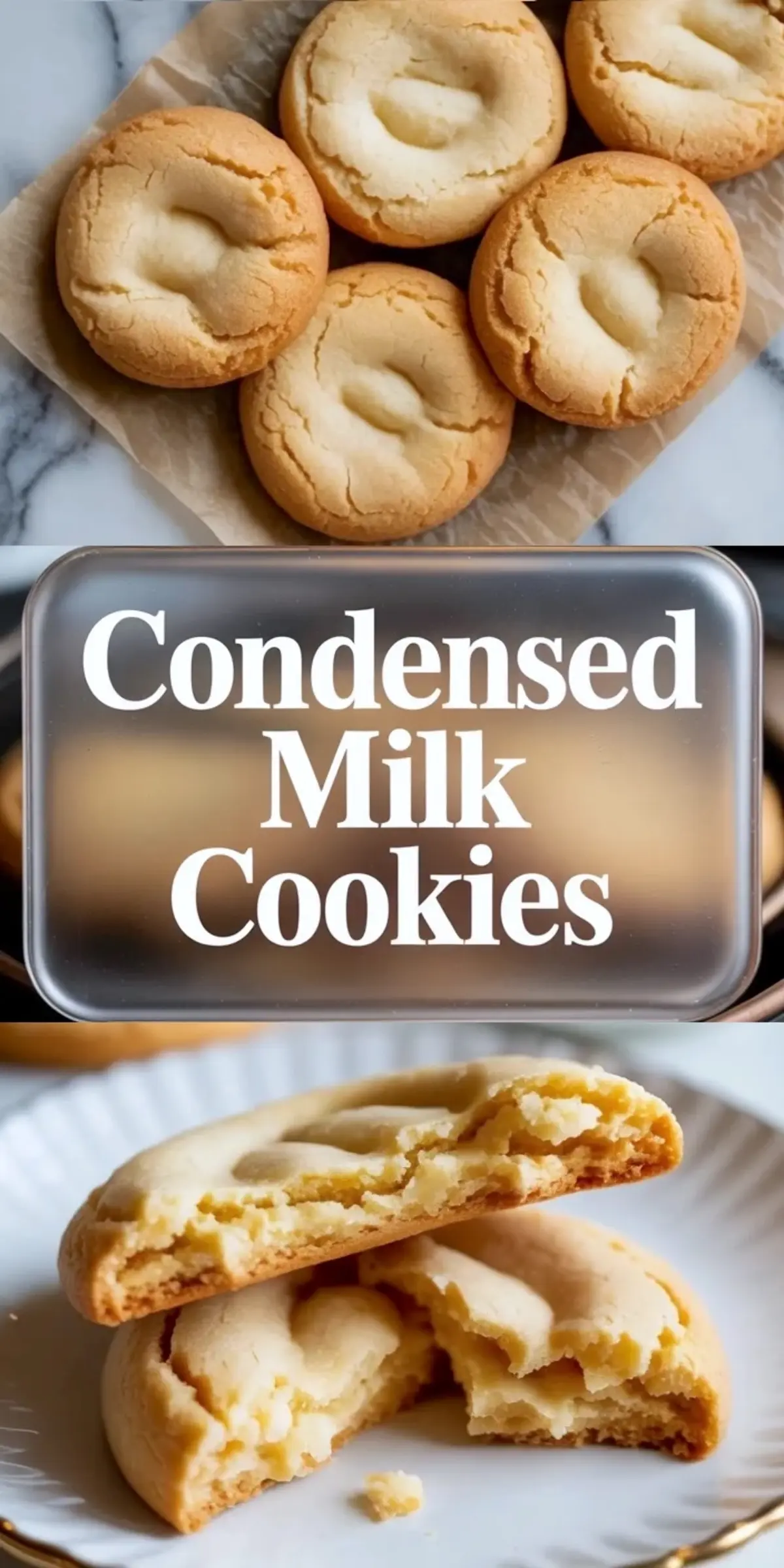 A vertical collage shows round condensed milk cookies with cracked tops on a cooling rack at the top, large white “Condensed Milk Cookies” text in the center, and two cookies stacked on a plate at the bottom with a moist, soft interior visible.