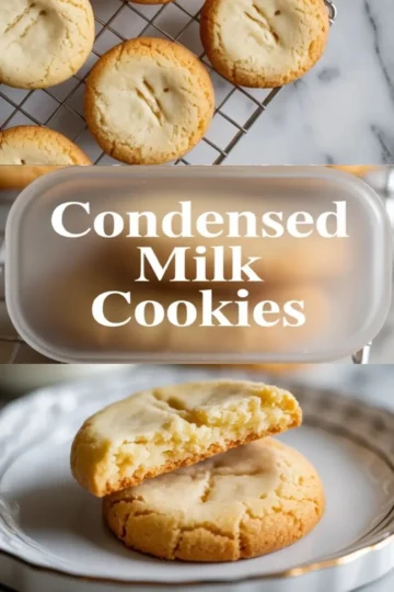 A vertical collage shows golden condensed milk cookies on a cooling rack at the top, centered white “Condensed Milk Cookies” text overlay, and a close view of a cookie split open on a plate at the bottom highlighting a soft buttery texture.