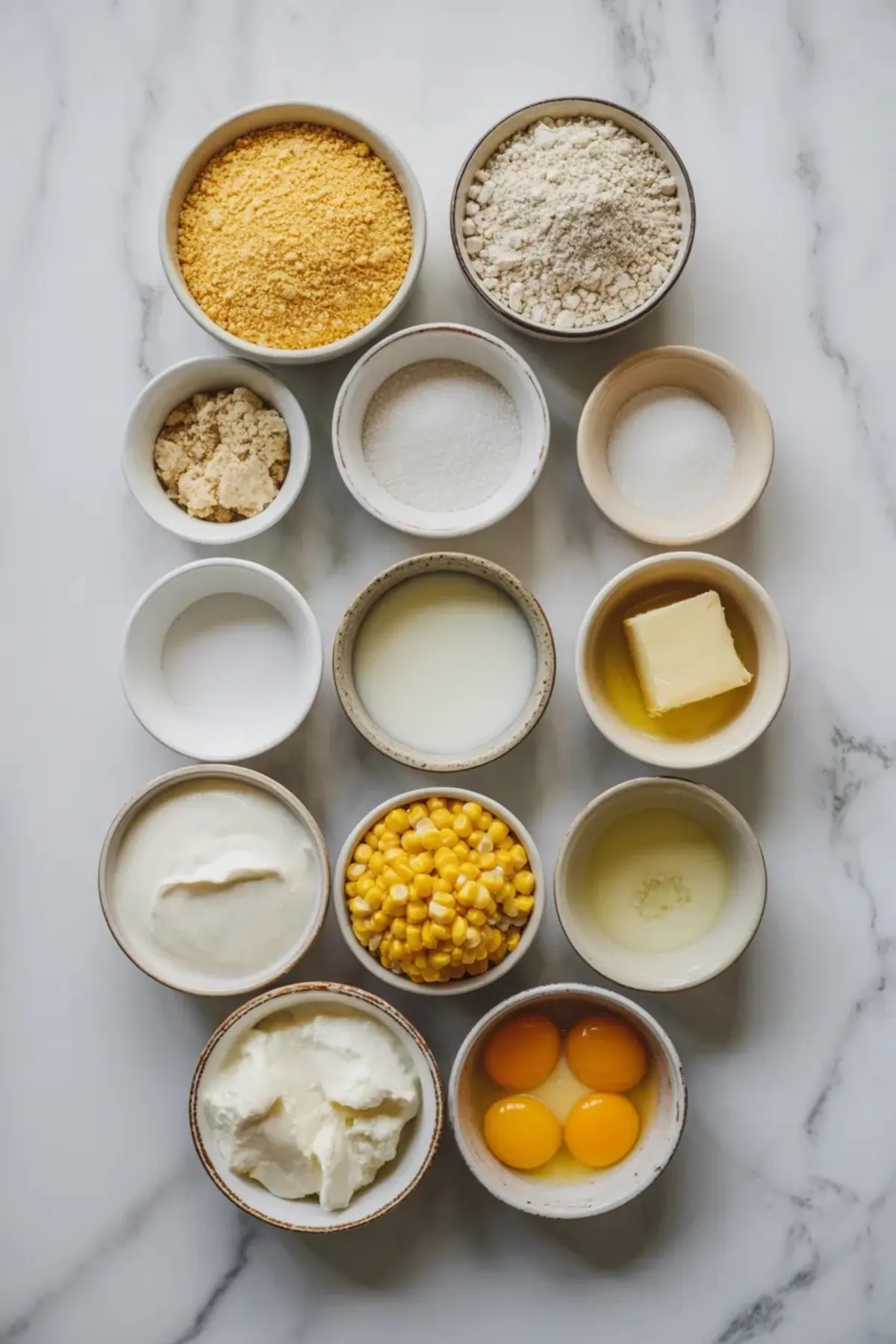 Cornbread pudding ingredients sit on a marble surface with cornmeal, flour, sugar, butter, sour cream, eggs, milk, and corn for a homemade holiday side dish.