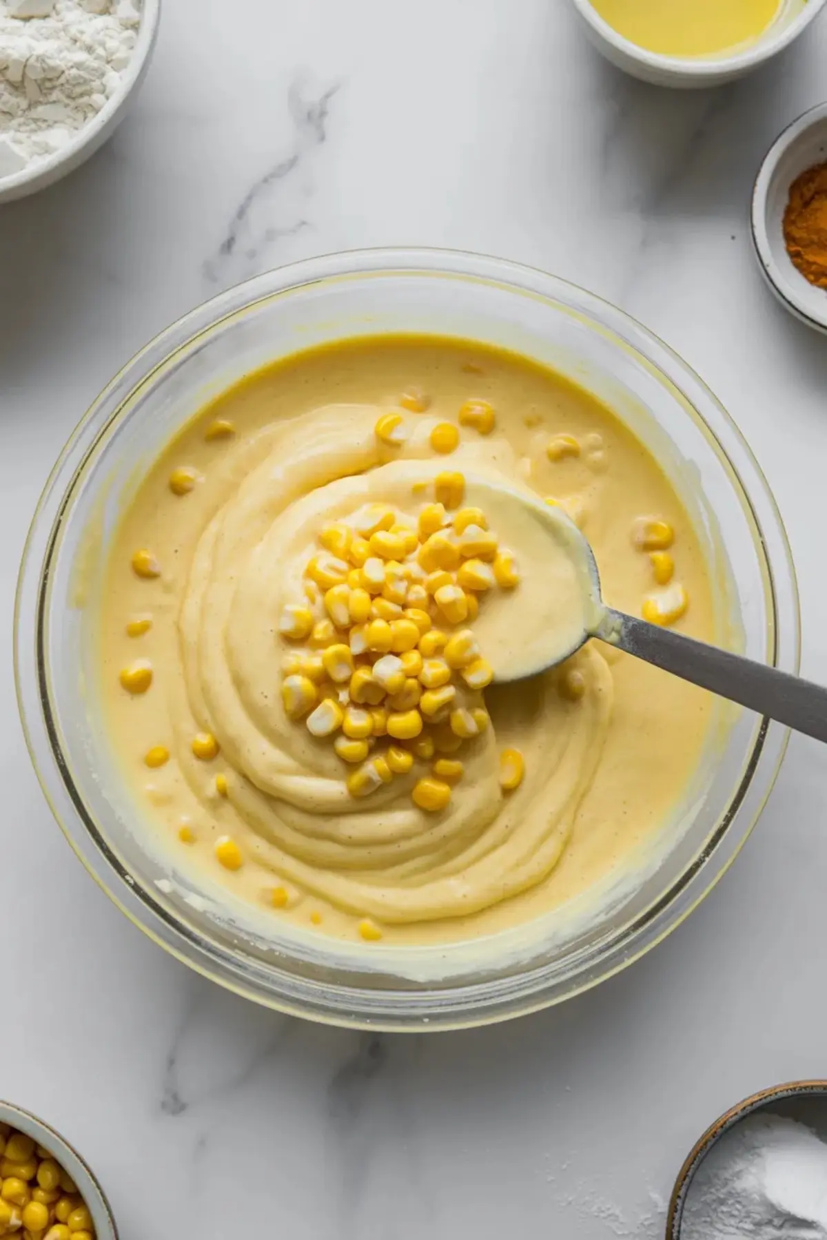 Cornbread pudding batter sits in a glass bowl with whole corn folded into the creamy mixture for a soft holiday casserole and comfort-food side dish.