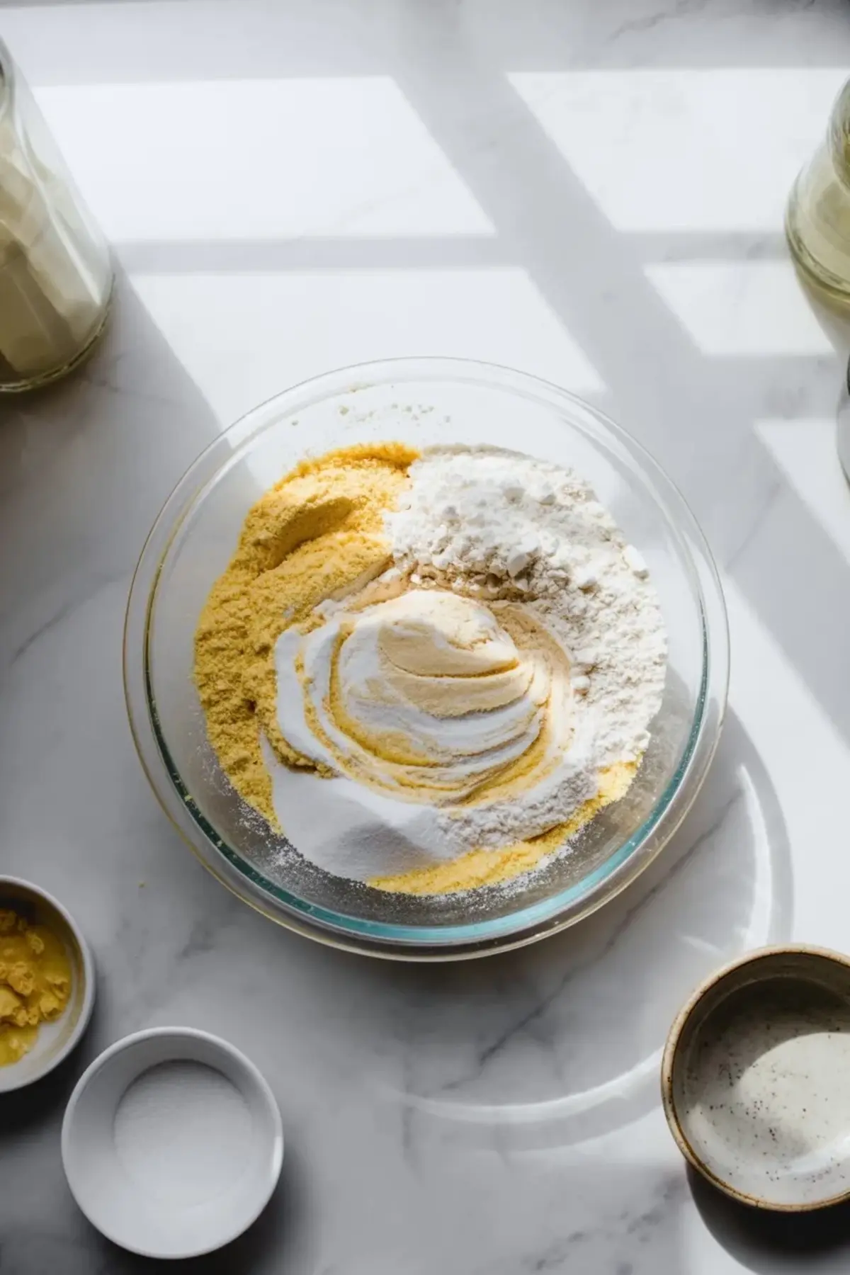 Cornmeal, flour, sugar, and dry ingredients sit in a glass bowl for cornbread pudding before the wet ingredients are added.