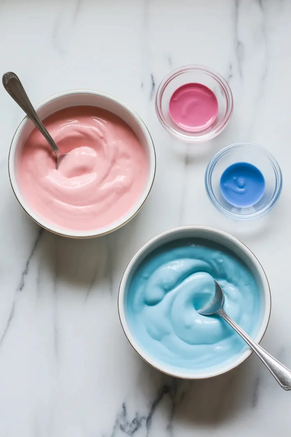 Pink and blue cotton candy ice cream base sits in two bowls with food coloring nearby before the colors are swirled together into homemade ice cream.