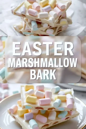 Vertical collage shows white chocolate Easter marshmallow bark with pastel mini marshmallows stacked in layers, a bold text overlay reading Easter Marshmallow Bark, and a plated stack of creamy white chocolate bark pieces topped with colorful mini marshmallows.