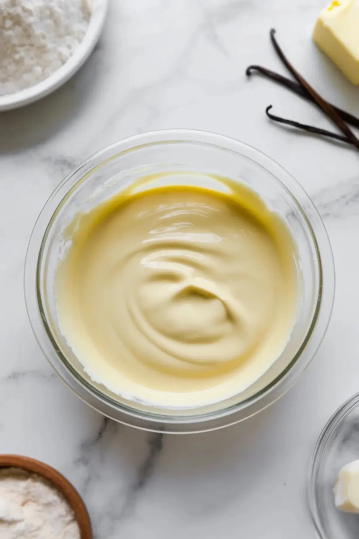 Glass bowl holds smooth melted white chocolate on a marble countertop with vanilla beans, butter, and baking ingredients around the bowl for Easter marshmallow bark preparation.
