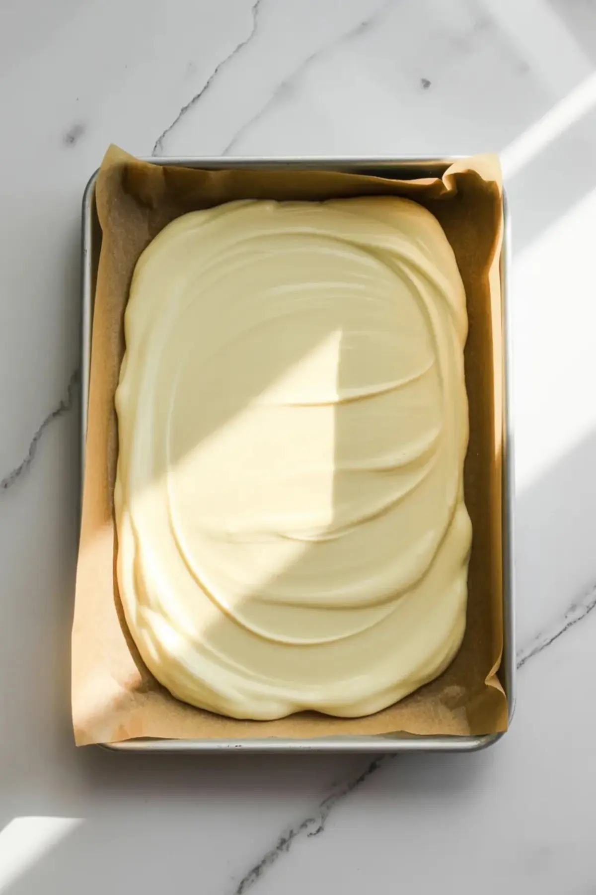 Baking pan lined with parchment paper holds a thick layer of melted white chocolate spread evenly to form the base for homemade Easter marshmallow bark candy.
