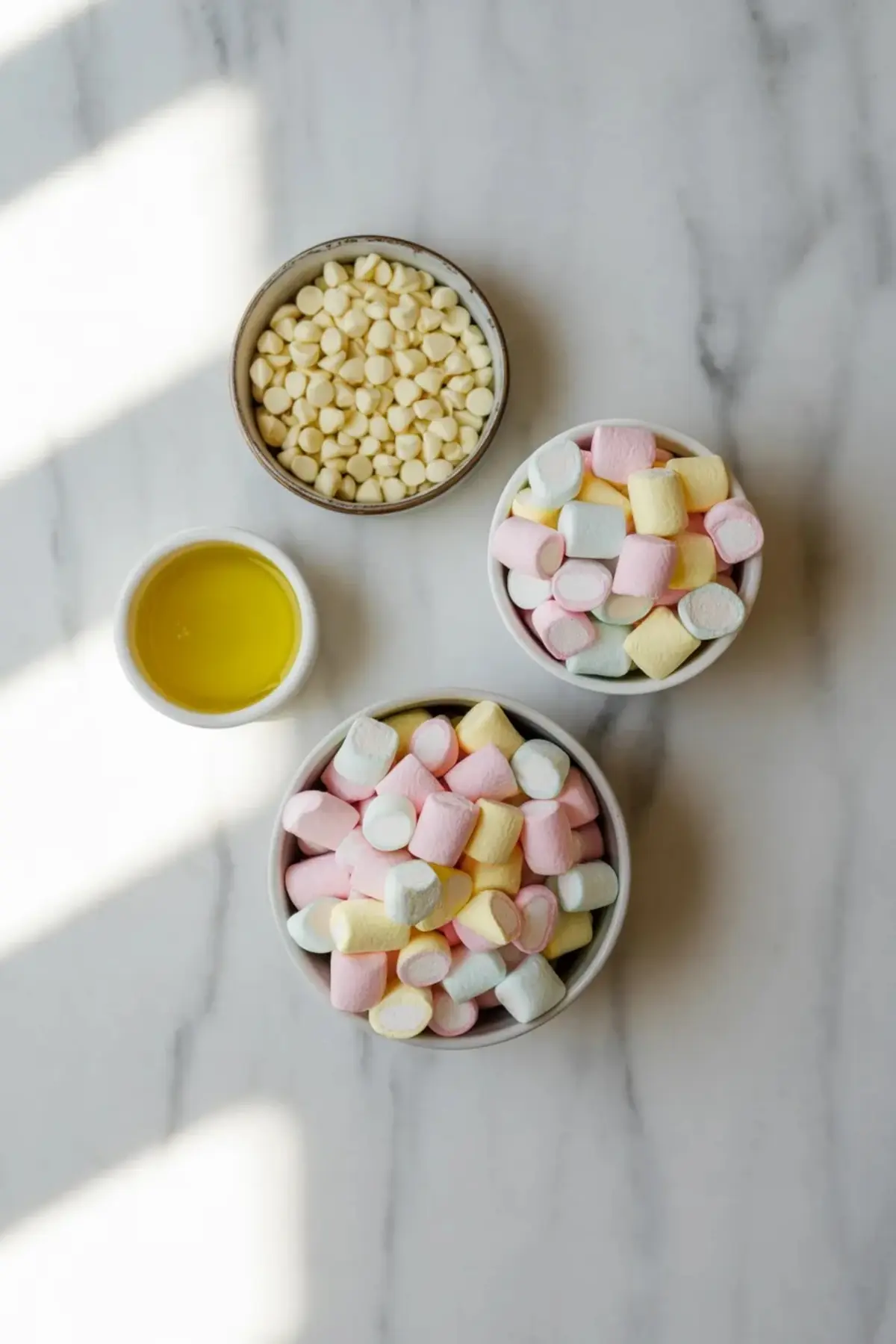 Small bowls hold pastel mini marshmallows, white chocolate chips, and melted butter on a marble countertop prepared as ingredients for Easter marshmallow bark dessert.
