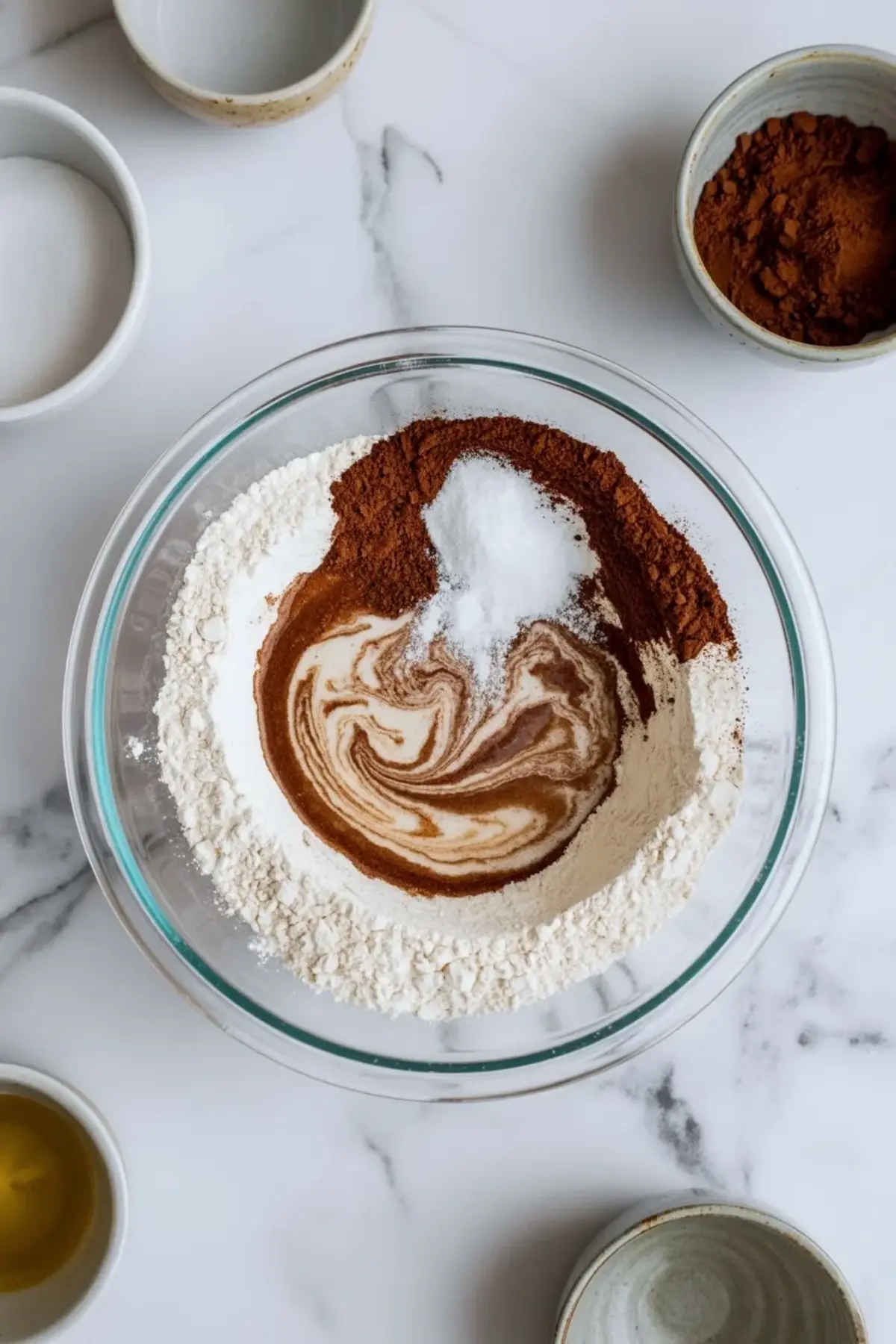 Overhead view of the espresso sour cream cookie dry ingredients in a glass bowl with the coffee mixture swirled into the center on white marble.