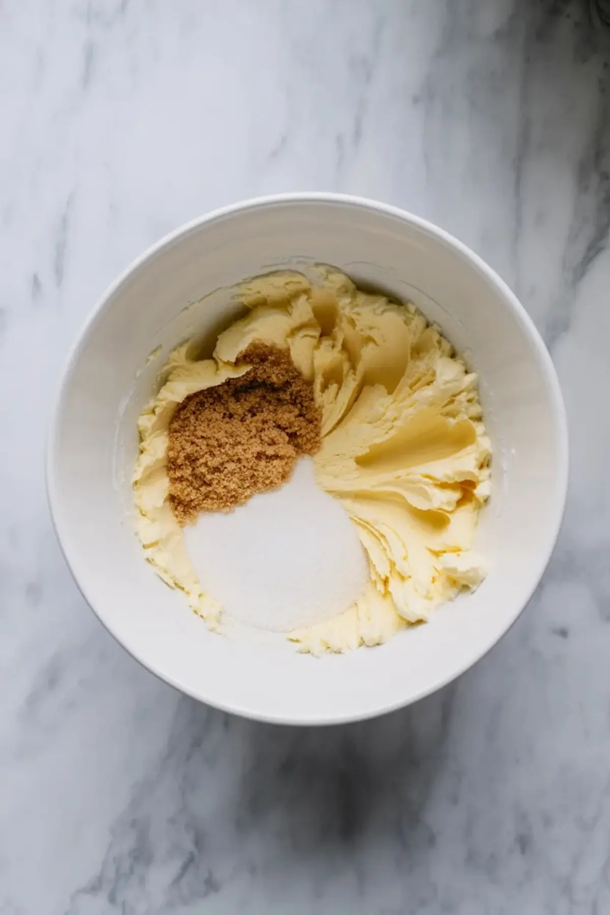 Butter with white sugar and brown sugar in a mixing bowl, ready to be creamed for espresso sour cream cookie dough.