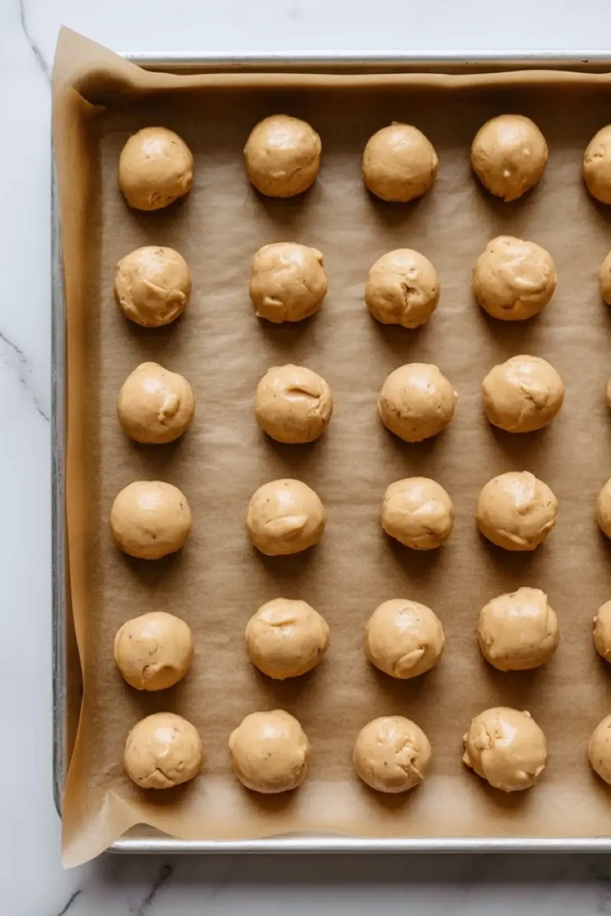 Rounded scoops of espresso sour cream cookie dough lined up on a parchment lined sheet pan before baking.