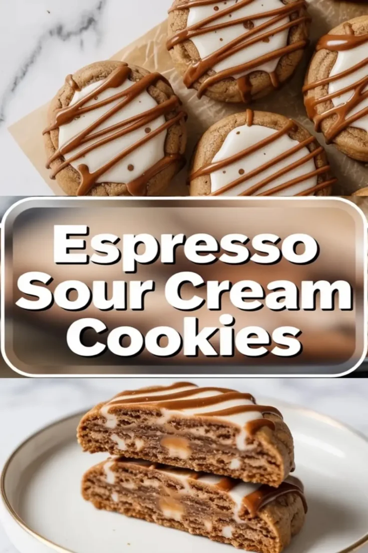 Pin style image showing glazed espresso sour cream cookies whole and cut open with a text overlay title in the center.