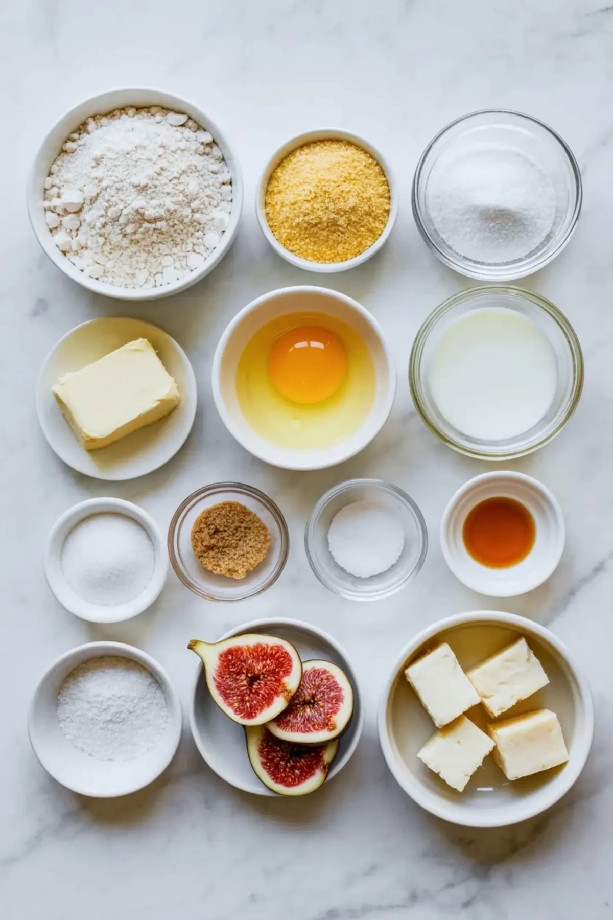 Ingredients for fig and goat cheese cornbread cookies are arranged in small bowls with flour, cornmeal, butter, egg, goat cheese, and fresh figs on a marble surface.