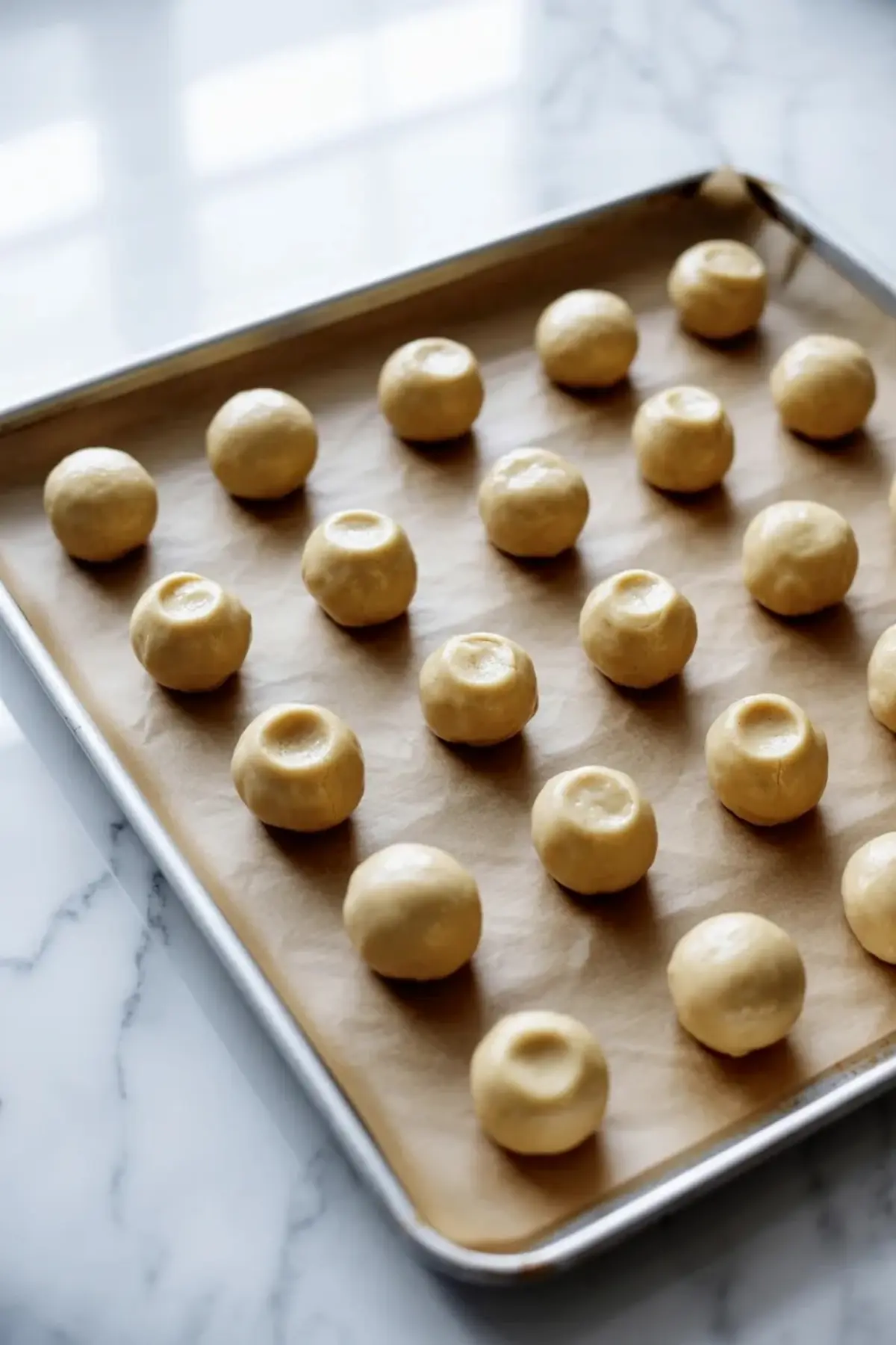 Shaped fig and goat cheese cornbread cookie dough balls sit on a lined baking tray with thumbprint centers ready for filling.