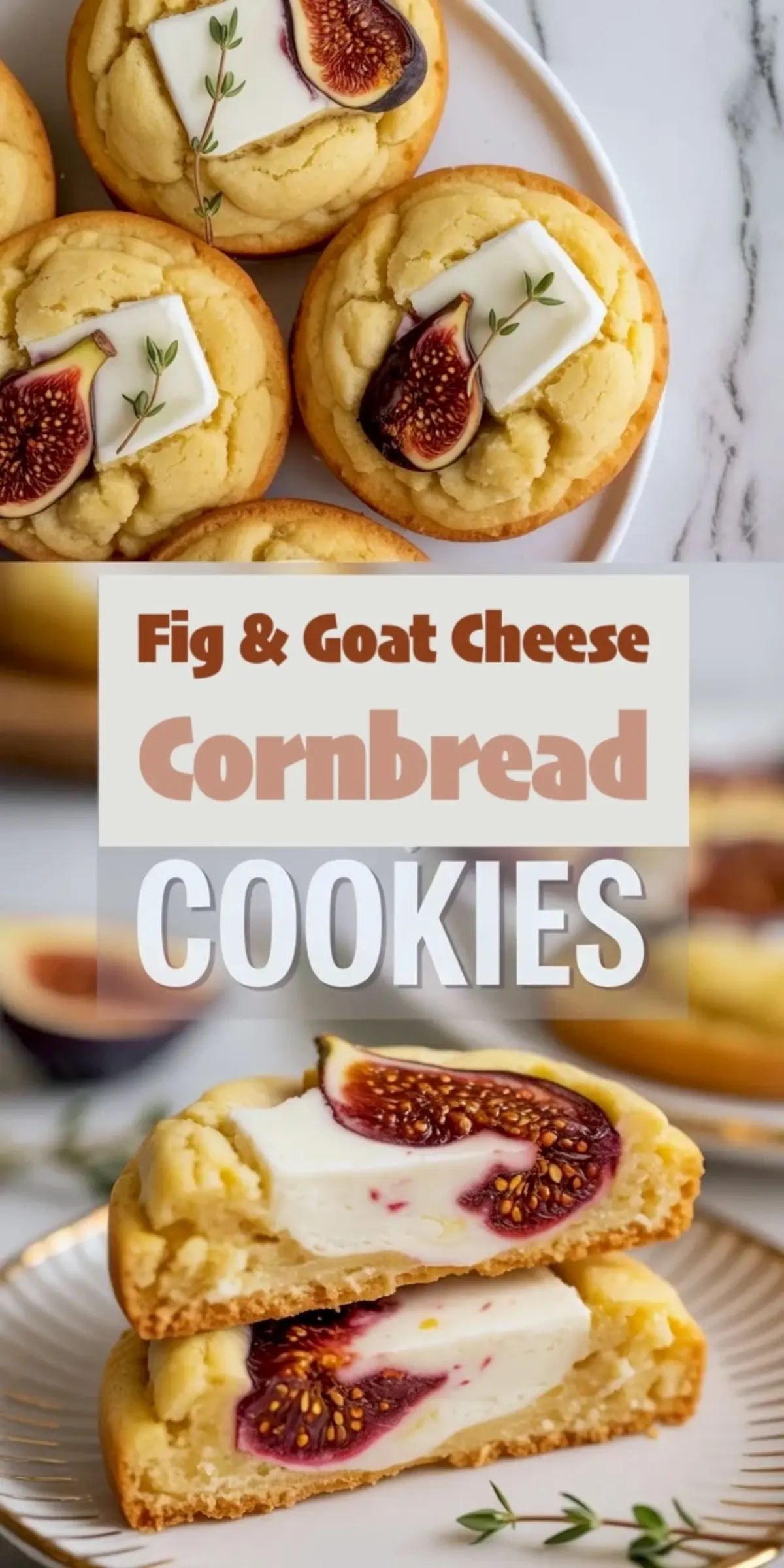 Collage of fig and goat cheese cornbread cookies showing plated cookies topped with fresh figs and goat cheese plus a close view of the soft creamy center.