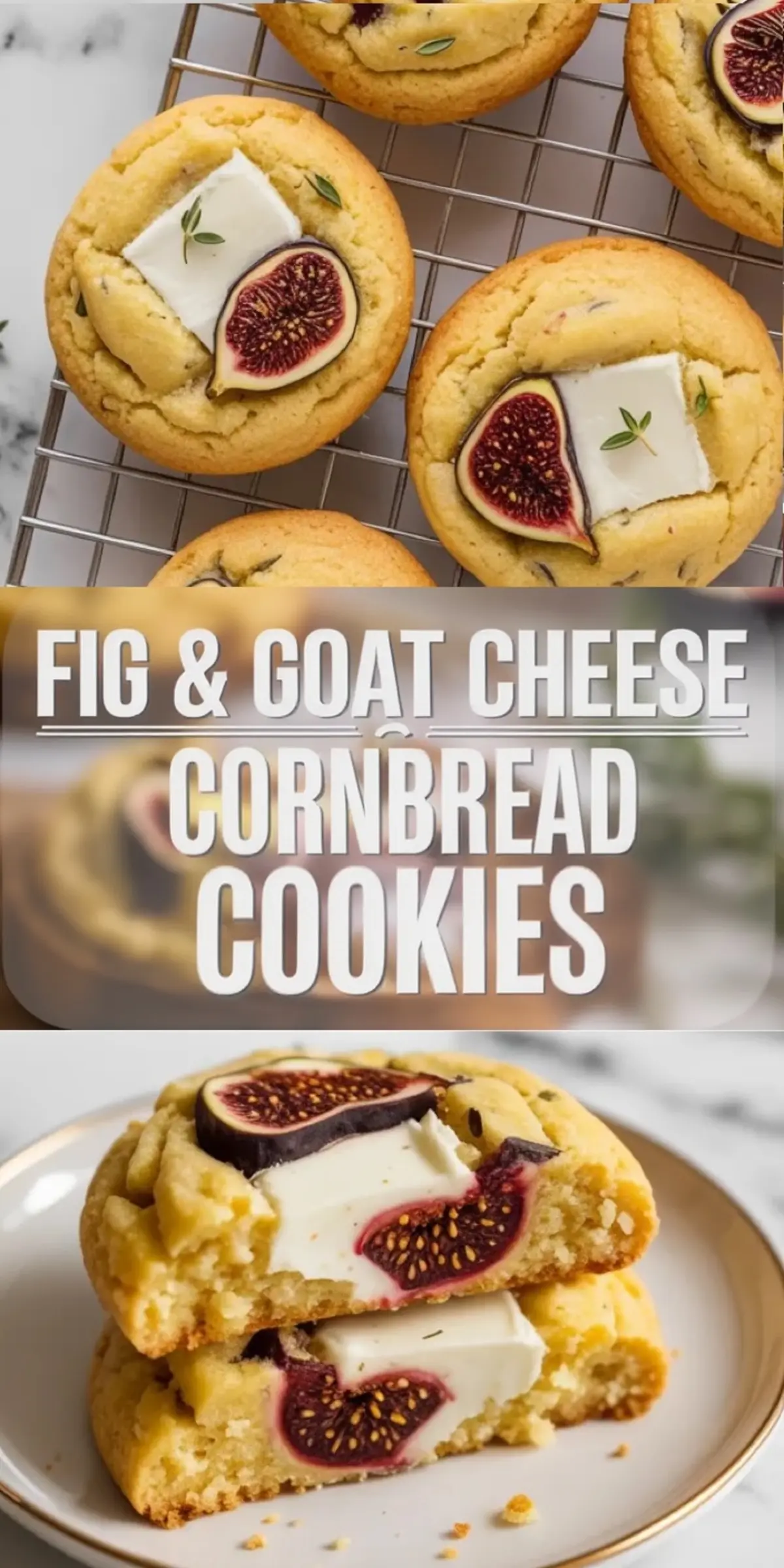 Collage of fig and goat cheese cornbread cookies showing baked cookies on a cooling rack and a stacked cookie cross section with goat cheese and fresh fig.