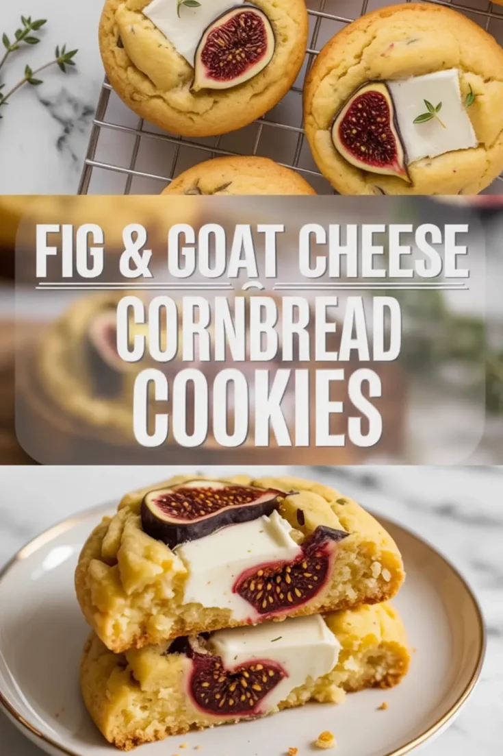 Close view of fig and goat cheese cornbread cookies on a cooling rack with golden edges and soft centers visible on top.
