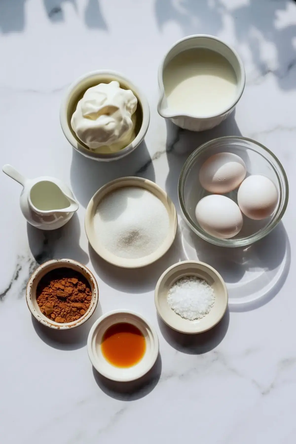 Ingredients for coffee ice cream arranged in bowls and glasses with cream, milk, sugar, and coffee.